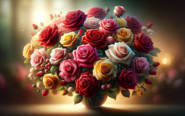 Vibrant rose bouquet featuring a variety of red, pink, and peach roses with a soft, illuminated background, perfect as an HD desktop wallpaper.