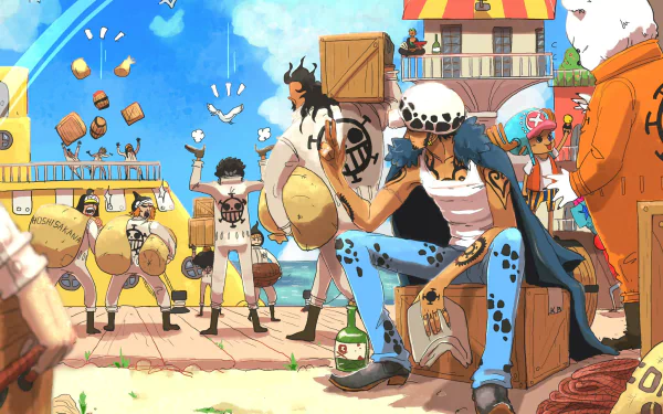 HD PC desktop wallpaper featuring vibrant anime-style characters from One Piece in a lively, colorful port town setting.