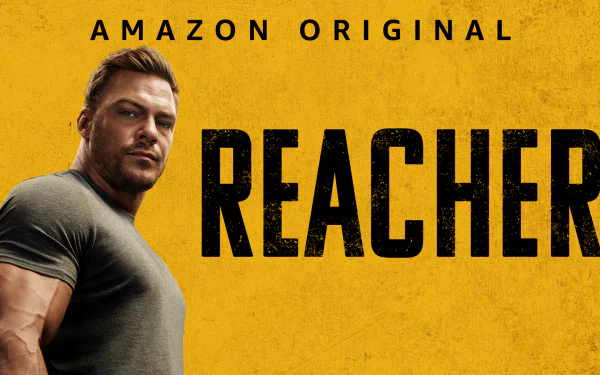 HD PC desktop wallpaper featuring a muscular man against a textured yellow background, with bold black text reading REACHER and AMAZON ORIGINAL above.