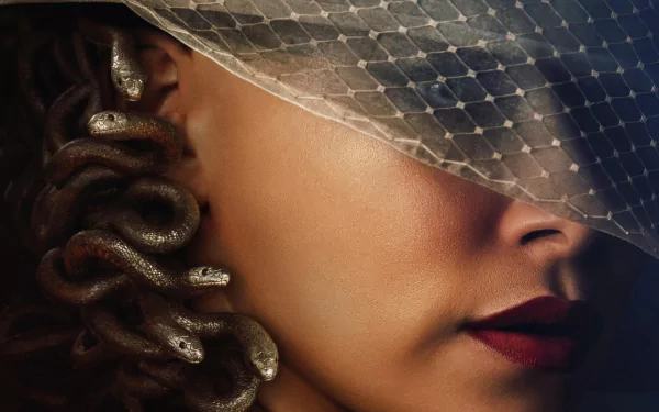 Close-up of a woman wearing a stylish hat, with serpents entwined in her hair, inspired by the TV show Percy Jackson and the Olympians. A striking HD wallpaper.