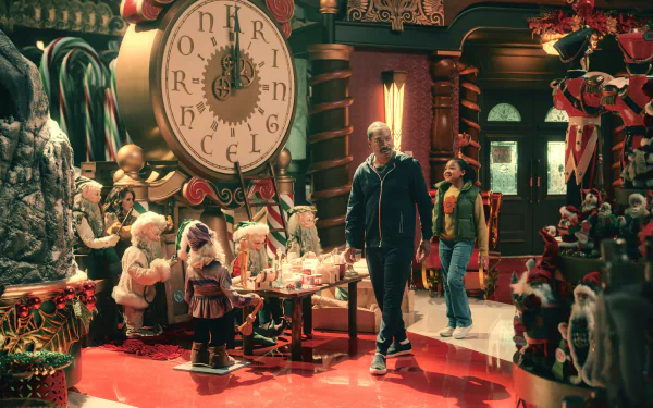 HD desktop wallpaper of Candy Cane Lane movie scene with vibrant Christmas decorations and characters in festive costumes.