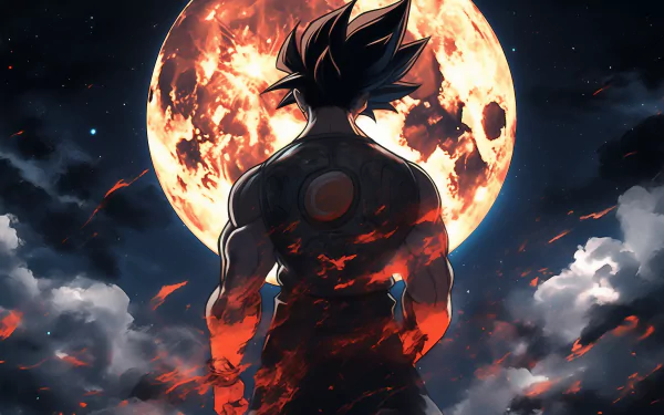 HD wallpaper of Goku from Dragon Ball GT standing in front of a full moon with a dramatic cloudy night sky background.
