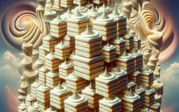 HD desktop wallpaper featuring an abstract design of vanilla cake layers with whipped cream, set against a surreal sky background.