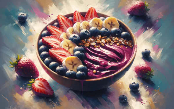 Colorful HD wallpaper of an acai bowl with fresh strawberries, bananas, blueberries, and granola.