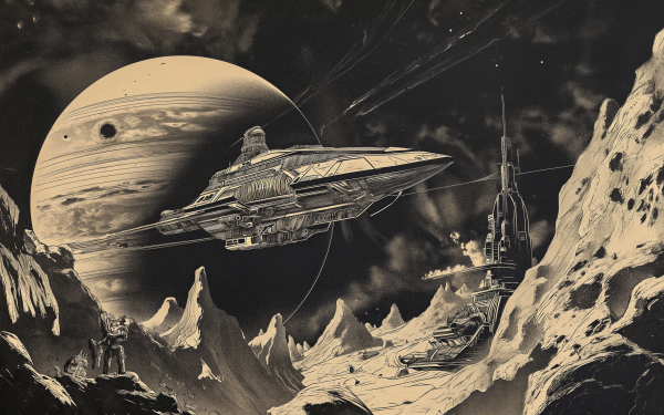 Black and white sci-fi HD wallpaper featuring a futuristic spaceship navigating through space with a large planet and rugged terrain in the backdrop.