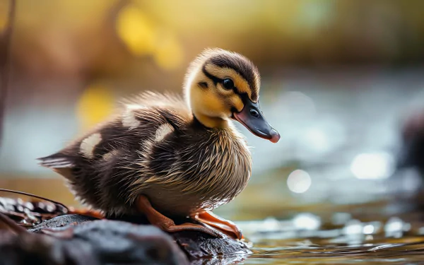 A charming duckling perched on a rock beside water, captured in beautiful detail. This high-definition image serves as a stunning desktop wallpaper and background.