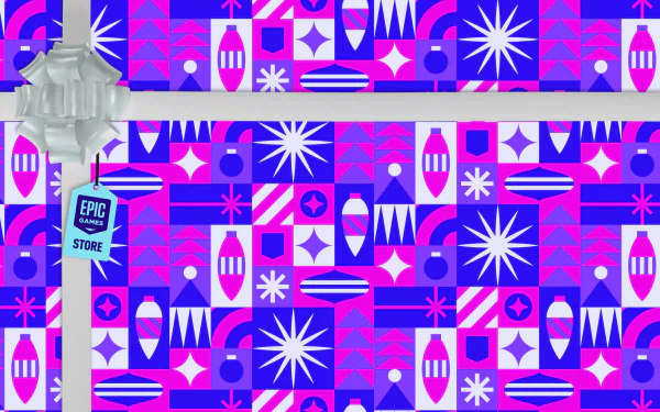 HD PC desktop wallpaper featuring a vibrant geometric pattern with purple, pink, and blue hues, and an Epic Games Store sign on a streetlight pole.