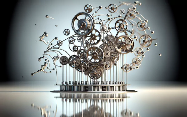 HD desktop wallpaper featuring a 3D abstract design of floating mechanical gears and clock parts with reflective surface.