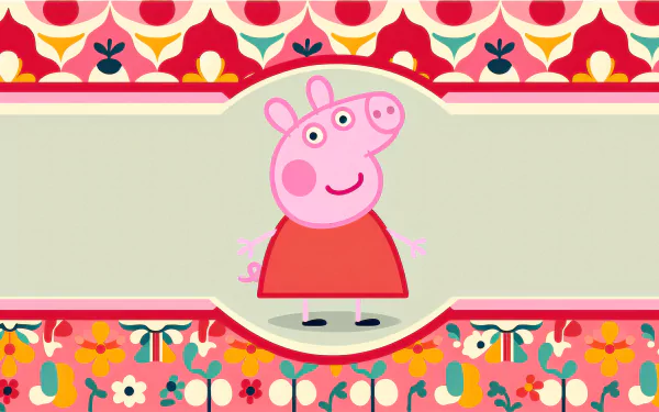 HD desktop wallpaper featuring Peppa Pig standing with a cheerful expression against a colorful floral background pattern.