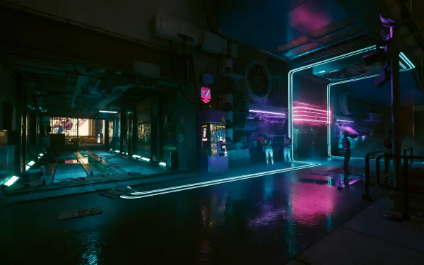 A futuristic cyberpunk desktop wallpaper featuring neon lights and a cityscape on a rainy night.