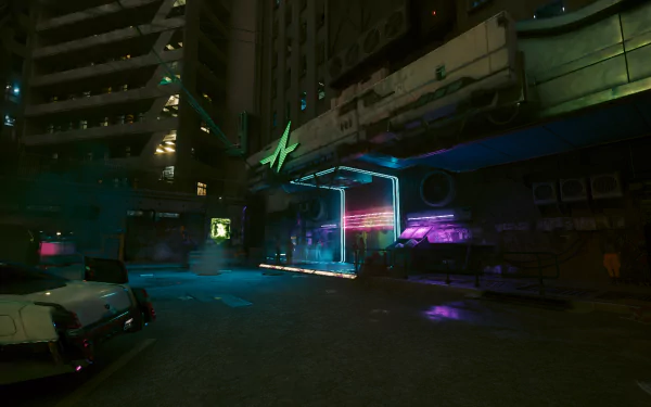 A futuristic cyberpunk desktop wallpaper featuring vibrant neon lights and a dark urban atmosphere.