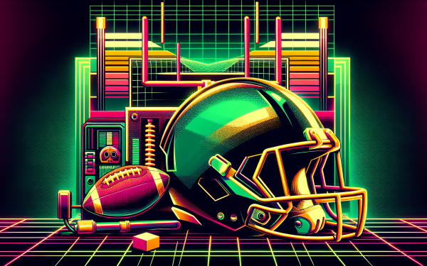 HD desktop wallpaper featuring stylized Green Bay Packers football helmet and ball with vibrant neon retro-futuristic background.