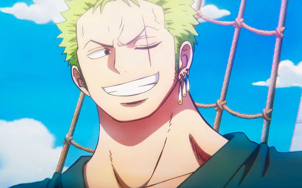 HD PC wallpaper featuring Roronoa Zoro from One Piece, smiling confidently aboard a ship against a bright blue sky with clouds.