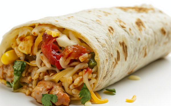 High-definition desktop wallpaper featuring a close-up of a stuffed burrito with ingredients like shrimp, corn, and salsa, perfect for food enthusiasts.