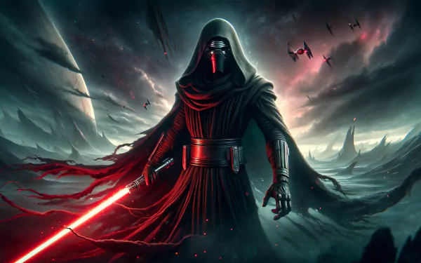 HD desktop wallpaper featuring Kylo Ren with a red lightsaber in a dramatic Star Wars Sith-themed setting.