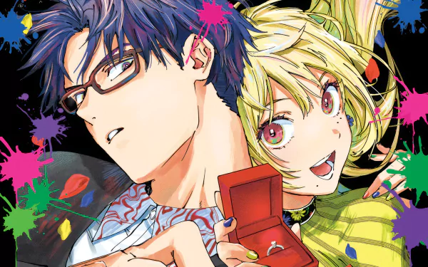 Anime couple with engagement ring, colorful splatter background - HD MarriageToxin themed desktop wallpaper