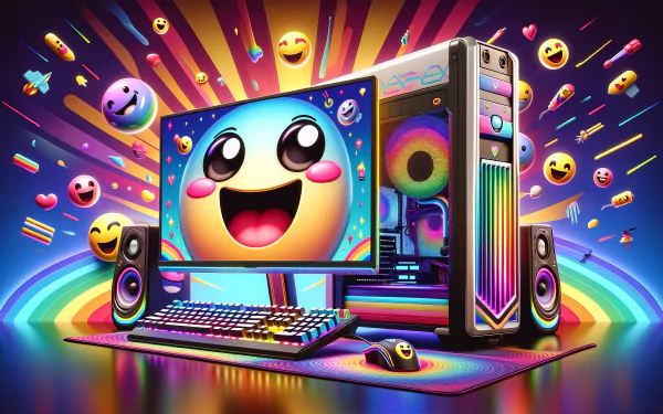 Vibrant HD wallpaper featuring a colorful gaming PC setup with animated emoji designs on the monitor, speakers, and desktop background, surrounded by a playful array of floating digital icons.
