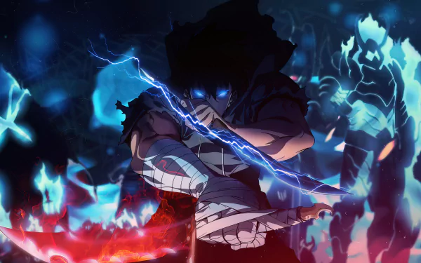 HD Anime Wallpaper featuring a dynamic image of Sung Jin-Woo from Solo Leveling surrounded by mystical blue lightning and ethereal flames.