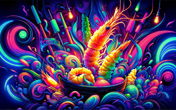 Colorful artistic illustration of tempura as a vibrant HD desktop wallpaper featuring stylized prawns and vegetables in an abstract background.