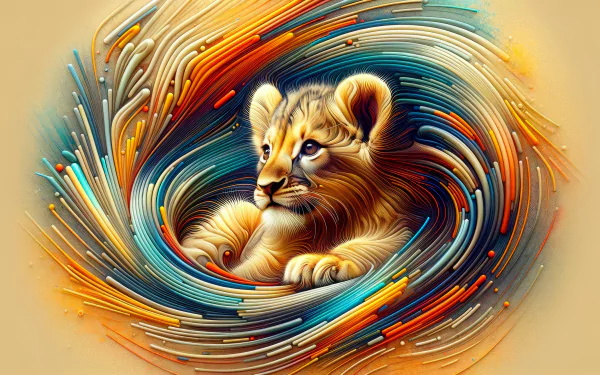 A vibrant HD wallpaper featuring a charming lion cub surrounded by a dynamic swirl of colorful patterns, showcasing the beauty and playfulness of wildlife.