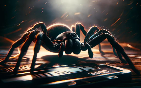 HD desktop wallpaper featuring a close-up of a black widow spider against a dramatic, backlit backdrop with dynamic lighting effects.