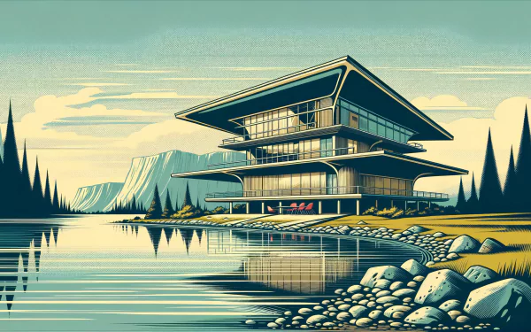 HD wallpaper of a stylized modern lake house with layered design, set against a backdrop of trees and mountains, reflecting on the calm lake water.