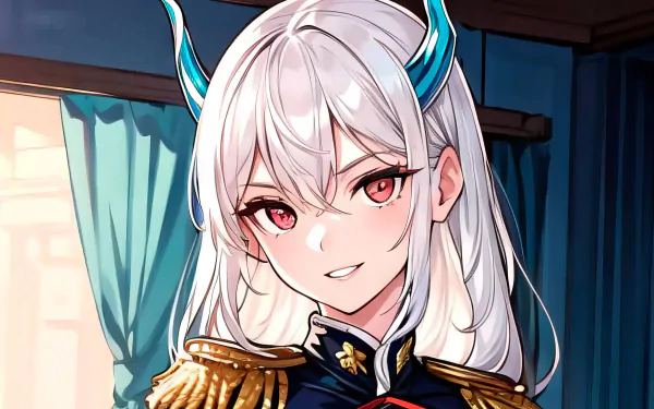 HD anime wallpaper featuring Kyouka Uzen, the Chained Soldier, with striking red eyes and horned headpiece, set against a soft interior background.