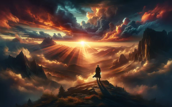 Inspirational HD desktop wallpaper featuring a silhouette of a person standing on a mountain peak overlooking a breathtaking sunrise amidst dramatic clouds.