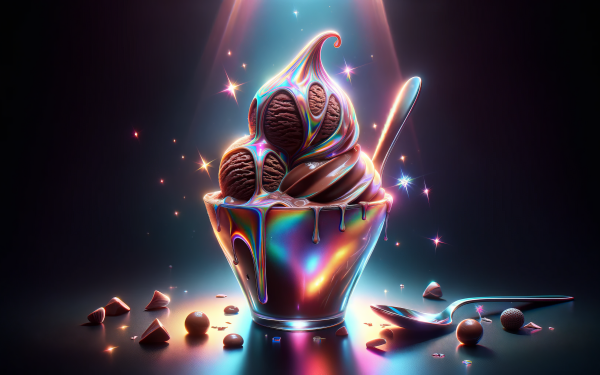 HD wallpaper of a vibrant chocolate ice cream sundae with a shiny, iridescent glow, complete with a spoon and chocolate bits, perfect for a desktop background.