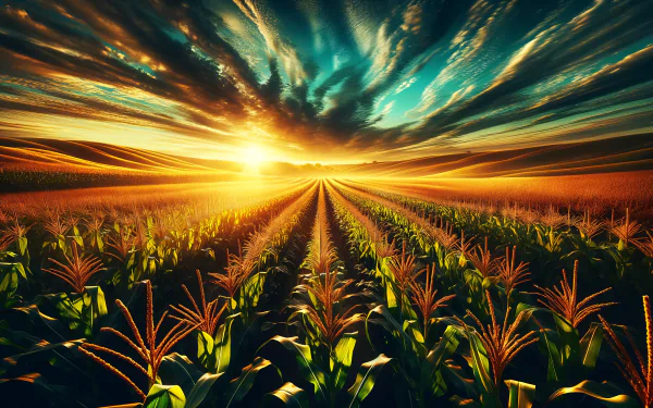 Stunning HD wallpaper of a cornfield with tall corn stalks basking in the warm glow of a sunrise, showcasing a dramatic sky as the backdrop.