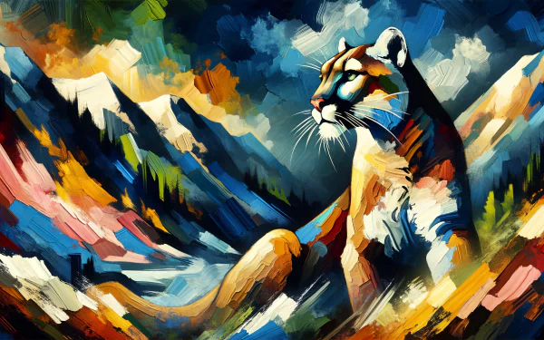 HD desktop wallpaper featuring an artistic illustration of a cougar in a colorful mountain landscape.