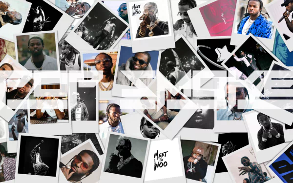 HD desktop wallpaper collage of portrait and Polaroid shots of a late drill rapper, layered with bold white typography and repeated Woo motifs across the background.