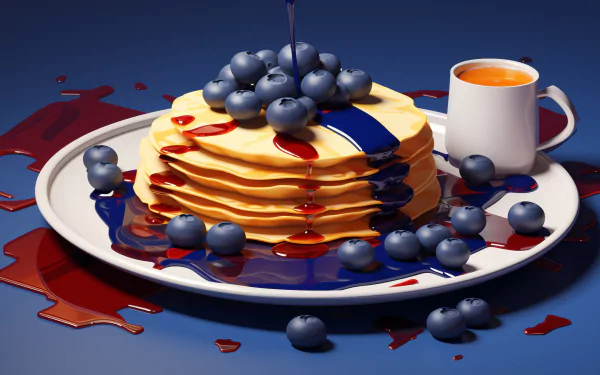 A vibrant HD wallpaper featuring a stack of blueberry pancakes drizzled with syrup, topped with fresh blueberries, accompanied by a cup on a colorful plate.