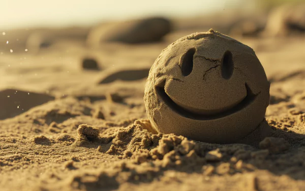 Happy face drawn on a sand sphere on a beach with golden sunlight, perfect for an uplifting HD desktop wallpaper and background.