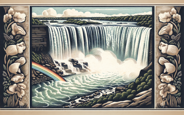 HD desktop wallpaper featuring an artistic depiction of Niagara Falls with a rainbow, framed by floral motifs.