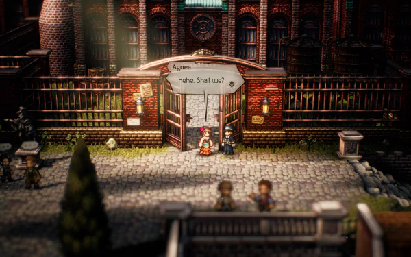 HD wallpaper of Octopath Traveler II featuring a detailed scene outside an in-game building with characters.