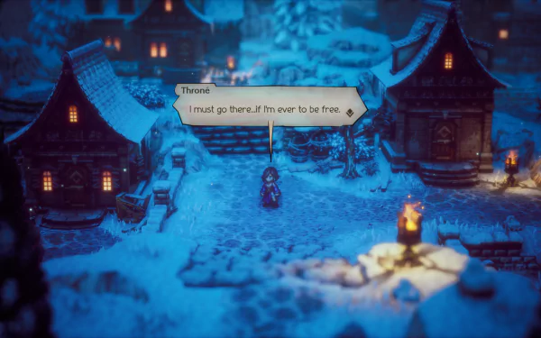A stunning HD desktop wallpaper featuring a snowy village scene from Octopath Traveler II, highlighting the character Throne with a dialogue box expressing determination.