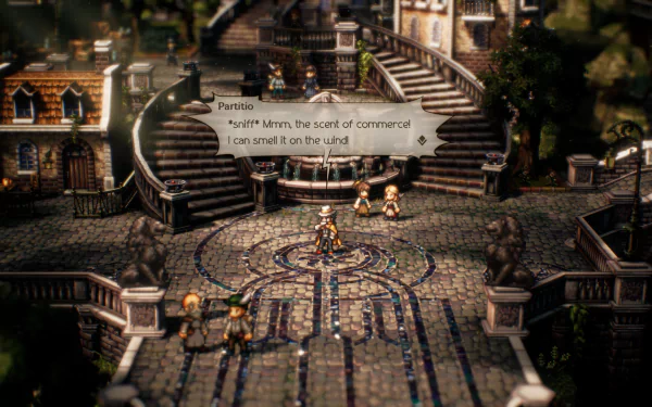 HD wallpaper of Octopath Traveler II showcasing a character in a vibrant, detailed in-game town square scene.