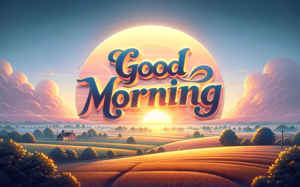 Inspirational Good Morning text overlaid on a picturesque HD landscape with rising sun wallpaper for desktop background.