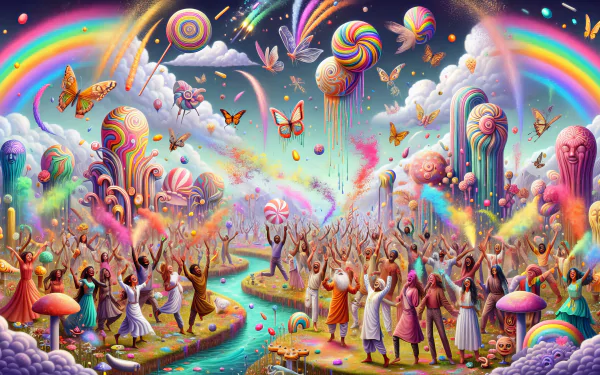 Vibrant Holi celebration HD desktop wallpaper featuring animated people throwing colored powder with rainbows and whimsical elements in the background.