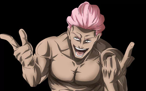A vibrant HD wallpaper featuring Kinji Hakari from Jujutsu Kaisen, showcasing his muscular build and playful expression against a dark background.