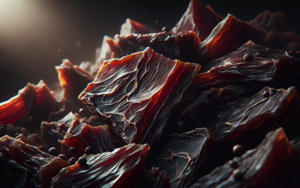 Close-up of rich, textured beef jerky pieces illuminated by soft light, creating a striking HD desktop wallpaper and background.