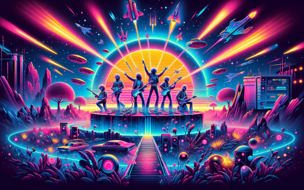 Vibrant retro-futuristic HD wallpaper featuring silhouetted figures on a stage with neon lights, flying saucers, and a radiant sunset backdrop.