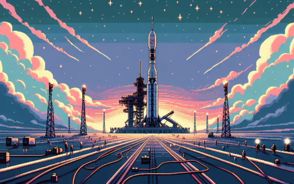 HD SpaceX-themed desktop wallpaper featuring an artistic rendition of a launchpad with a rocket at twilight, showcasing vibrant colors and a stylized sky.