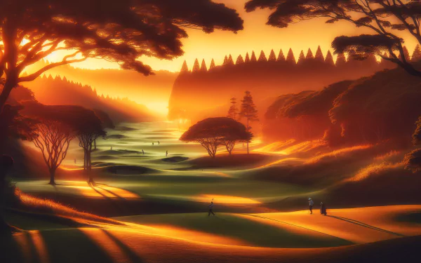 HD golf-themed desktop wallpaper featuring a serene sunset over a picturesque golf course with silhouettes of players and trees.