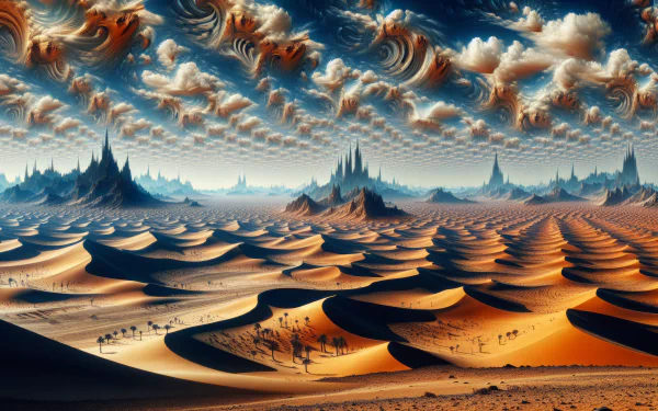 HD desktop wallpaper featuring a surreal Sahara desert landscape with swirling clouds and dunes.