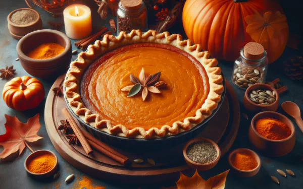 HD desktop wallpaper featuring a freshly baked pumpkin pie surrounded by autumn decorations, spices, and a lit candle, evoking a cozy fall atmosphere.
