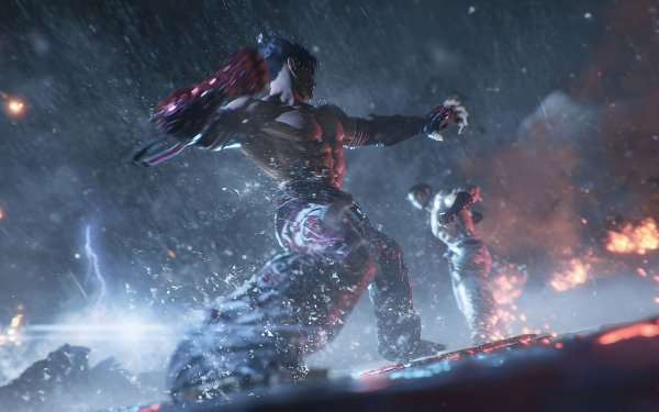 HD wallpaper of Tekken 8 featuring an intense fight scene with characters battling amidst snow and lightning, perfect for a gaming desktop background.