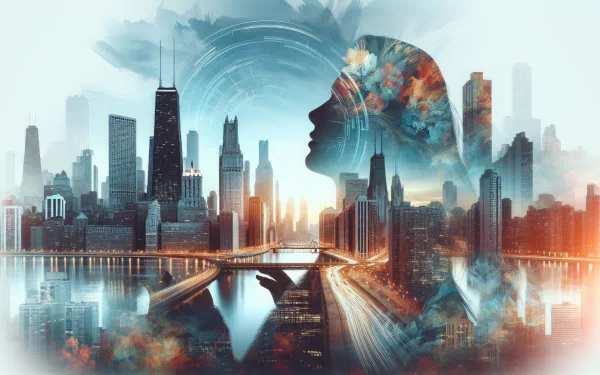 HD desktop wallpaper featuring a futuristic cityscape blended with a human silhouette and digital brain concept.