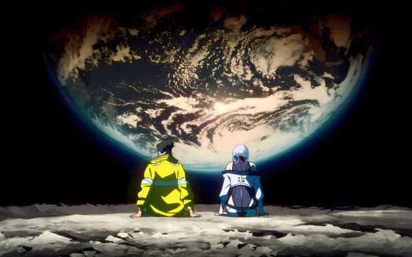 A 4K Ultra HD Cyberpunk: Edgerunners wallpaper showing two characters sitting on the moon, gazing at Earth suspended in the vastness of space.